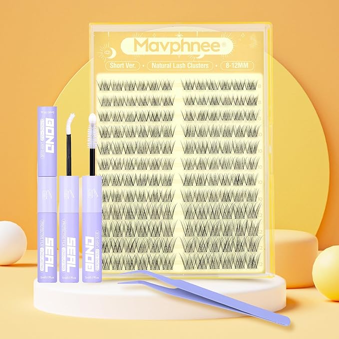 Natural Lash Clusters Kit 8-12MM Short Cluster Eyelash Extensions Kit Clear Band Cluster Lashes Wispy Eyelash Clusters CC-Curly Fluffy Individual Lashes with Lash Bond and Seal for Easy Application