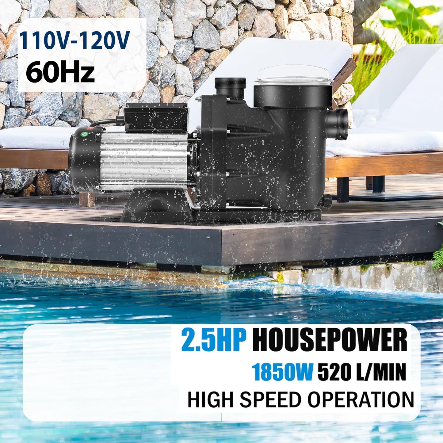 Leomru 2.5 HP Pool Pump 8880 GPH Self Priming in/Above Ground Swimming Pool Pump 110V Single Speed Pumps with Strainer Basket 4Pcs Connectors