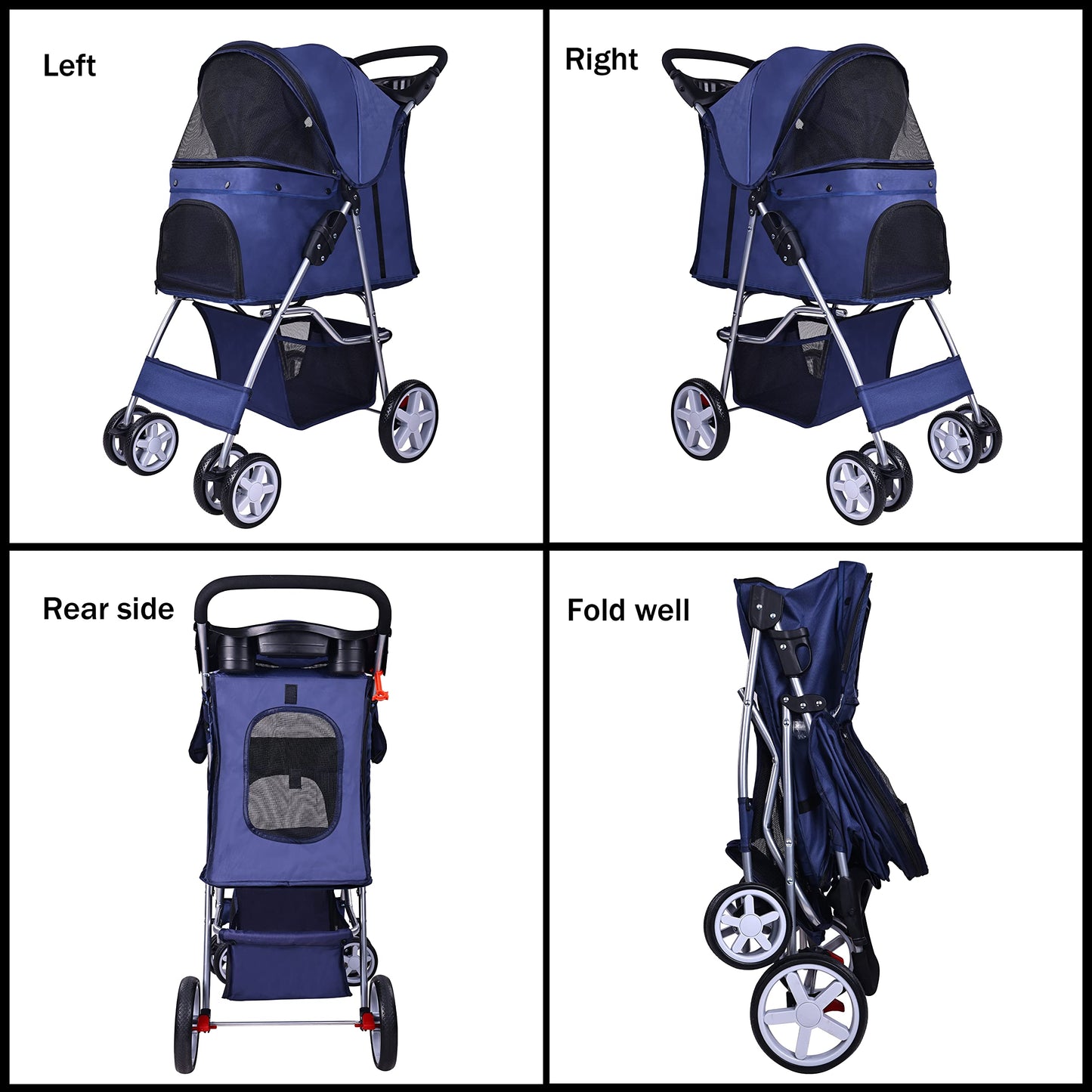 Elevon Pet Stroller, 4 Wheels Multifunction Dog Cat Stroller, Folding Portable Travel Stroller with Detachable Carrier, Suitable for Medium Small Dogs Cats, Blue