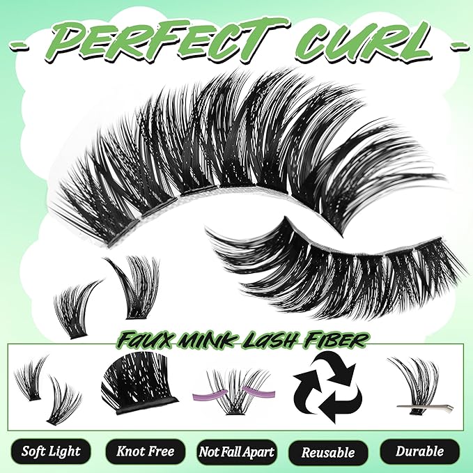 Lash Clusters Cat Eye Lash Clusters Kit Volume DIY Individual Lashes Clusters Lash Extension Kit 530Pcs Thin Band Wispy Lash Cluster Lash Bond and Seal Lash Tweezers