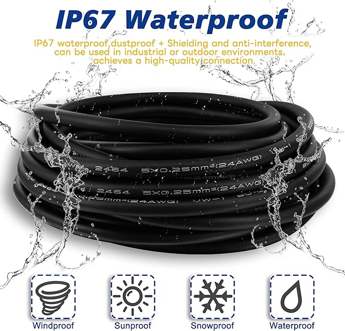 Lonlonty M8 Cable 4 Pin 6.5Ft/2M Female A Coding Circular Connector Cable Shielded IP67 Waterproof Single End A Code