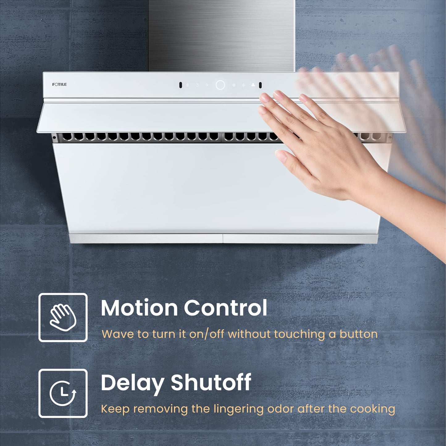 FOTILE JQG9006-W 36" Under-Cabinet or Wall-Mount Range Hood | Dual DC-Motor | Slant Vent Series | Motion Activate| Touchscreen with 4 Speed Level | Modern Kitchen White Schott Glass