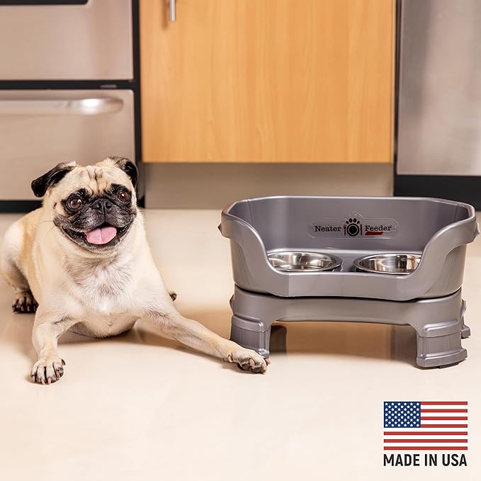 Neater Feeder Deluxe Mess Proof Dog Bowls Elevated for Small Breeds – Made in USA – No Spill Raised Dog Food Bowl Stand w/Leg Extensions – Stainless Steel Dog Food and Water Bowl Set – Grey