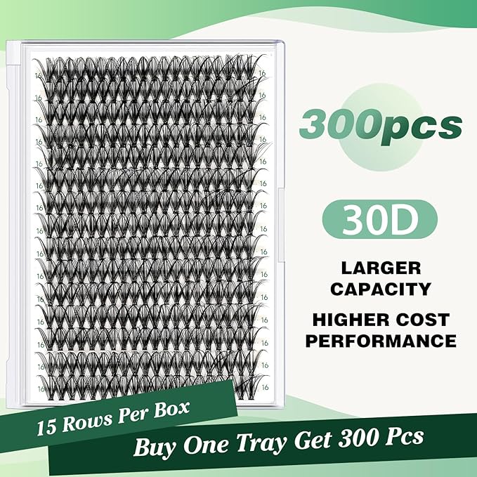 KEYYOU Lash Clusters 300pcs Individual Lashes 30D 0.07D Curl 16mm DIY Eyelash Extension Large Tray Volume Soft&Natural Cluster Lashes(30D-0.07D,16Ã¯Â¼Â