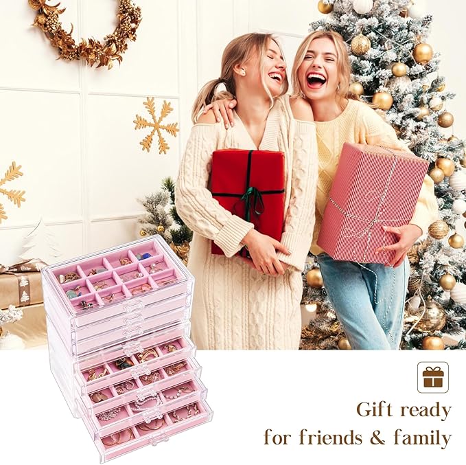 ProCase Earring Holder Organizer Jewelry Box with 8 Drawers, Acrylic Clear Earring Case with Adjustable Velvet Trays for Women - Pink, 8 Layers