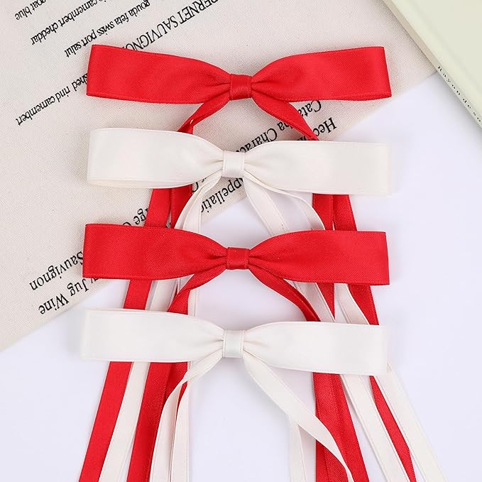 Red Hair Bows Clips Coquette Ribbon Bowknot with Long Tail Princess Hair Bows French Barrettes Hair Accessories for Women Girls 16PCS (Red, Cream)