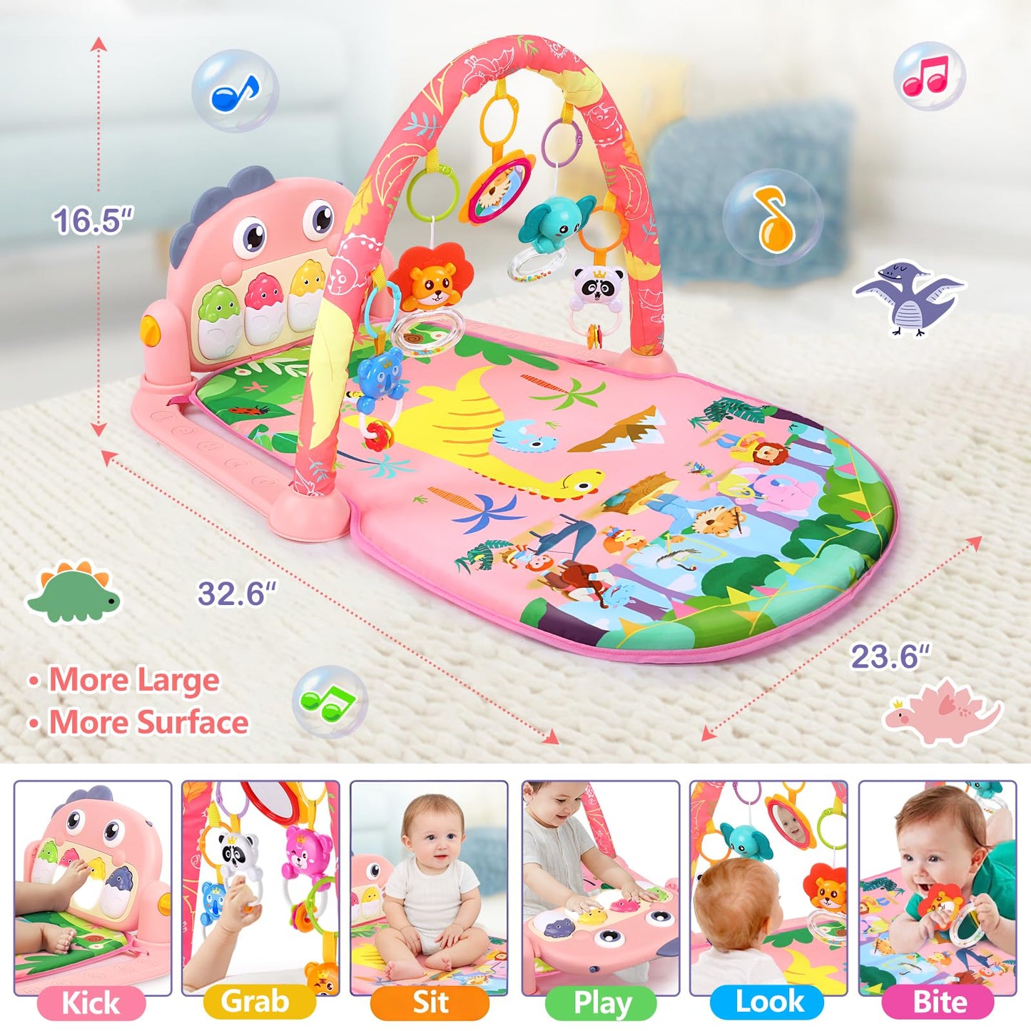 UMIKU Baby Play Mat Baby Tummy Time Mat Activity Center for Newborn Infant Piano Play Gym Mat Music & Light Babies Gifts Boy Girl for Babies 0-6 6-12 Months, Pink Dinosaur
