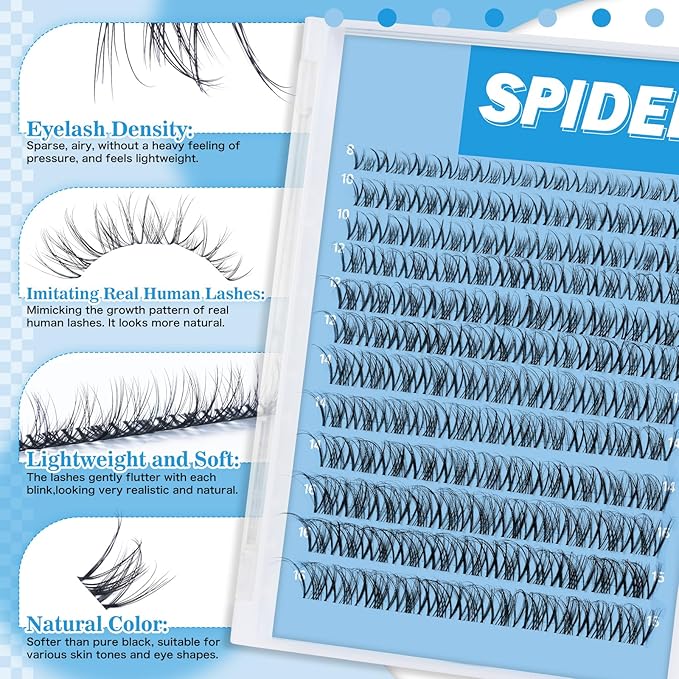 KevKev Spider Lash Clusters Breeze Wispy Eyelash Clusters 8-16MM Clear Thin Band Cluster Eyelash Extensions Mix Length Ultra-Light Natural Look Spider Lash Clusters DIY Lash at Home