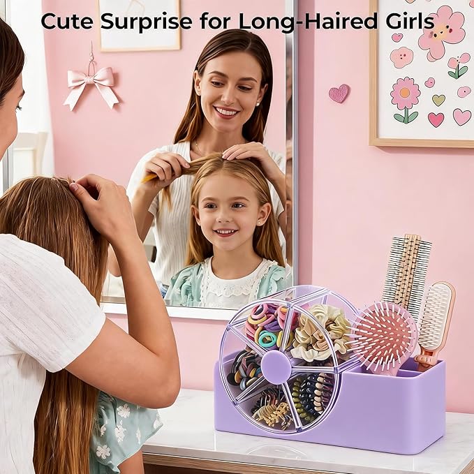Hair Accessories Organizer for Girls, 2-Slot Hair Brush Holder & 5-Section Rotating Wheel, Cute Makeup Brush Holder for Hair Tile, Clip, Makeup Brush, Earring, Ring, Kids Vanity Accessories (Lavender)