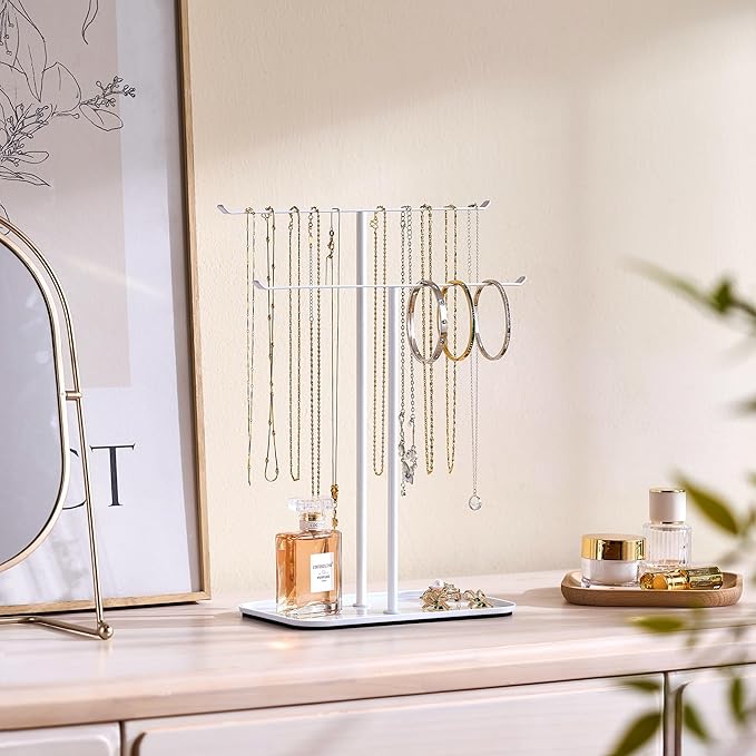 pickpiff Necklace Holder Jewelry Organizer Stand Ã¢ÂÂ 2Ã¢ÂÂTier TÃ¢ÂÂBar Jewelry Display Tree with Tray for Countertop Necklace Bracelet Earring Storage, Vanity Dresser Bathroom Sink, White