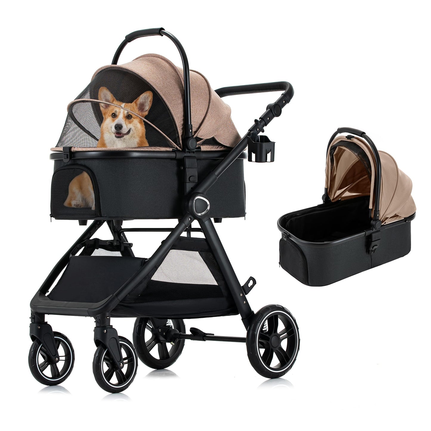 KAVELLIN Pet Stroller for Small/Medium Dogs, Foldable Dog Stroller with Detachable Carrier,3 in 1 Pet Stroller for Dogs Cats up to 50 lbs, Cup Holders,Easy Assembly, Khaki