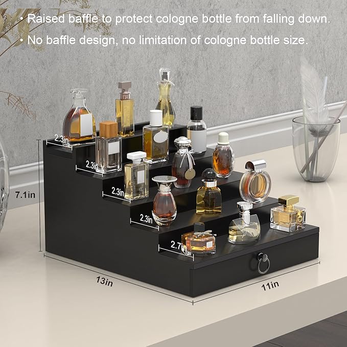 Cologne Organizer for Men, 5 Tier Black Wood Perfume Organizer with Felt Lining Drawer and Hidden Compartment, Perfume Display Holder, A Gift for Men