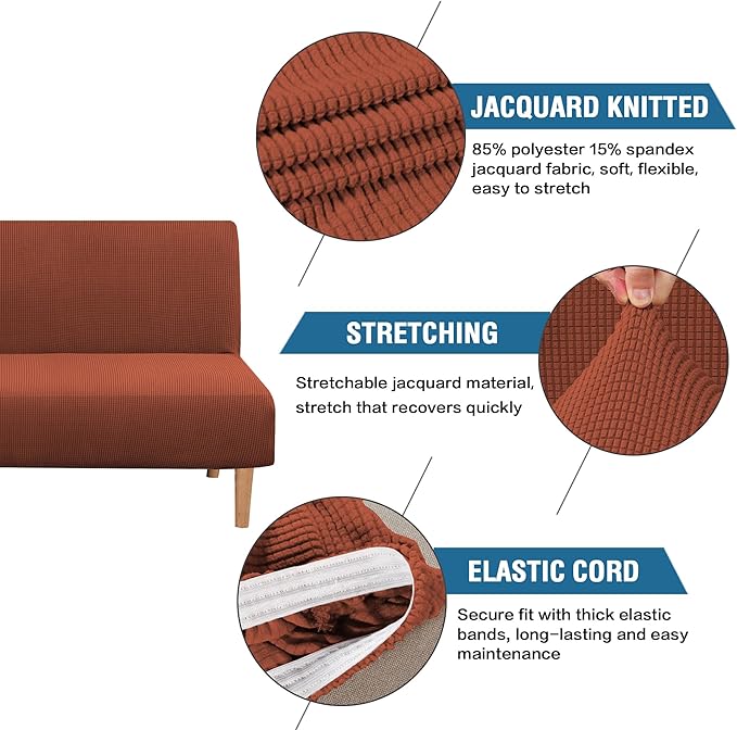 H.VERSAILTEX Armless Futon Cover Stretch Sofa Bed Slipcover Protector Elastic Feature Rich Textured High Spandex Small Checks Jacquard Fabric Futon Cover, Machine Washable, Rust