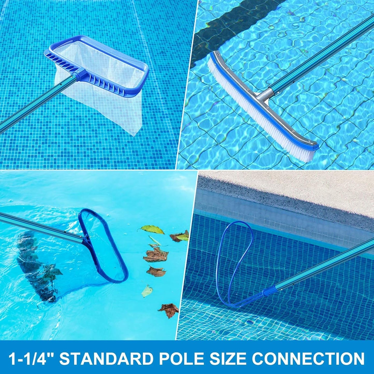 CKE Upgraded 16.5 Feet Thicken 1.3mm Blue Aluminum Telescoping Swimming Pool Pole,Adjustable 3 Piece Expandable Step-Up,Attach Connect Skimmer Net,Rakes,Brushes,Vacuum Head with Hoses, Universal 1.25"