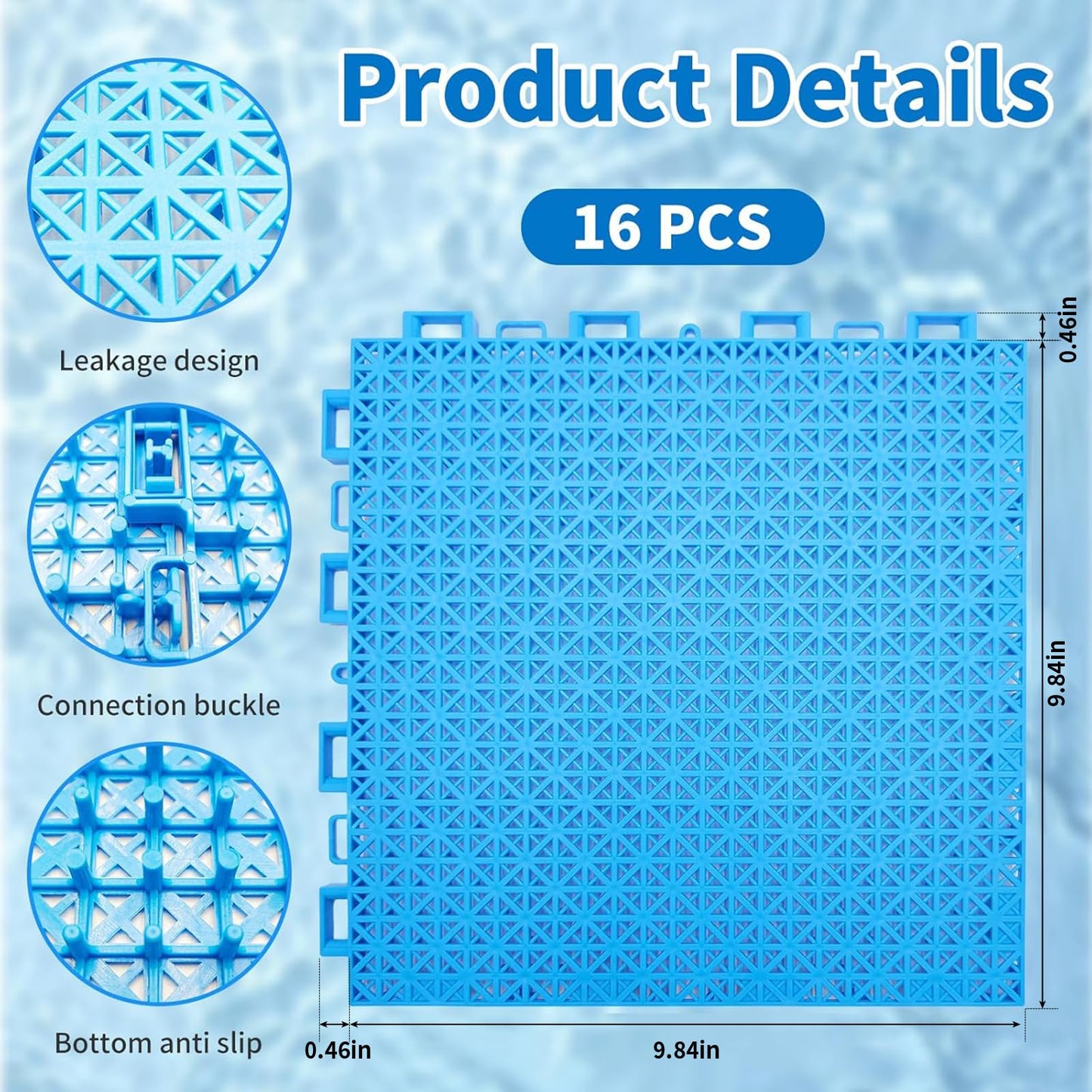 16pcs Pool Drainage Mat,Above Ground Walkways to Prevent Dirt from Entering the Pool, Pool Mats with Multiple Splicing Methods,Interlocking Plastic Floor for Pools Shower Rooms (9.84" x 9.84")