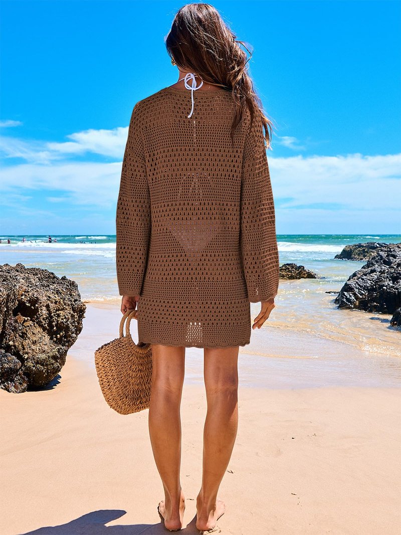 ANRABESS Women Swimsuit Crochet Swim Cover Up 2026 Summer Bathing Suit Swimwear Mesh Knit Beach Dress Vacation Outfits Brown Medium