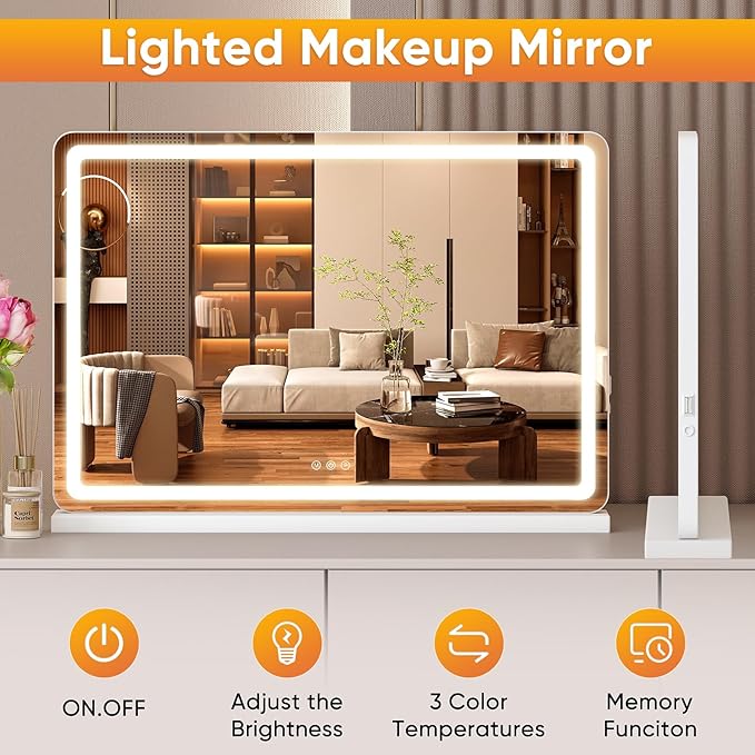 DUMOS 22"x32" LED Vanity Mirror with Lights, Dimmable 3 Color Modes Makeup Mirror with Memory Function, USB Charging, Aluminum Frame, Lighted Mirror for Desk or Bedroom