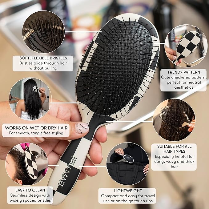 FRAMAR Checkered Print Hair Brush Detangler – Wet Hair Brushes For Women, Womens Hair Brush, Black and White Checkered Hair Accessories, Hairbrush For Women, Cepillos Para Cabello – Detangle Brush