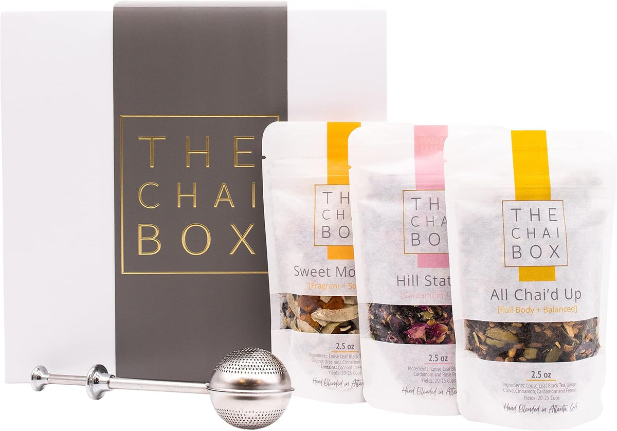 The Chai Box Loose Leaf Tea Gift Set - Featured in Oprah's Favorite Things | 3-Flavor Caffeinated Chai Tea Gift Box with Stainless Steel Steeper (3 Pack) | Small Batch Loose Leaf Tea with Whole, Premium Spices