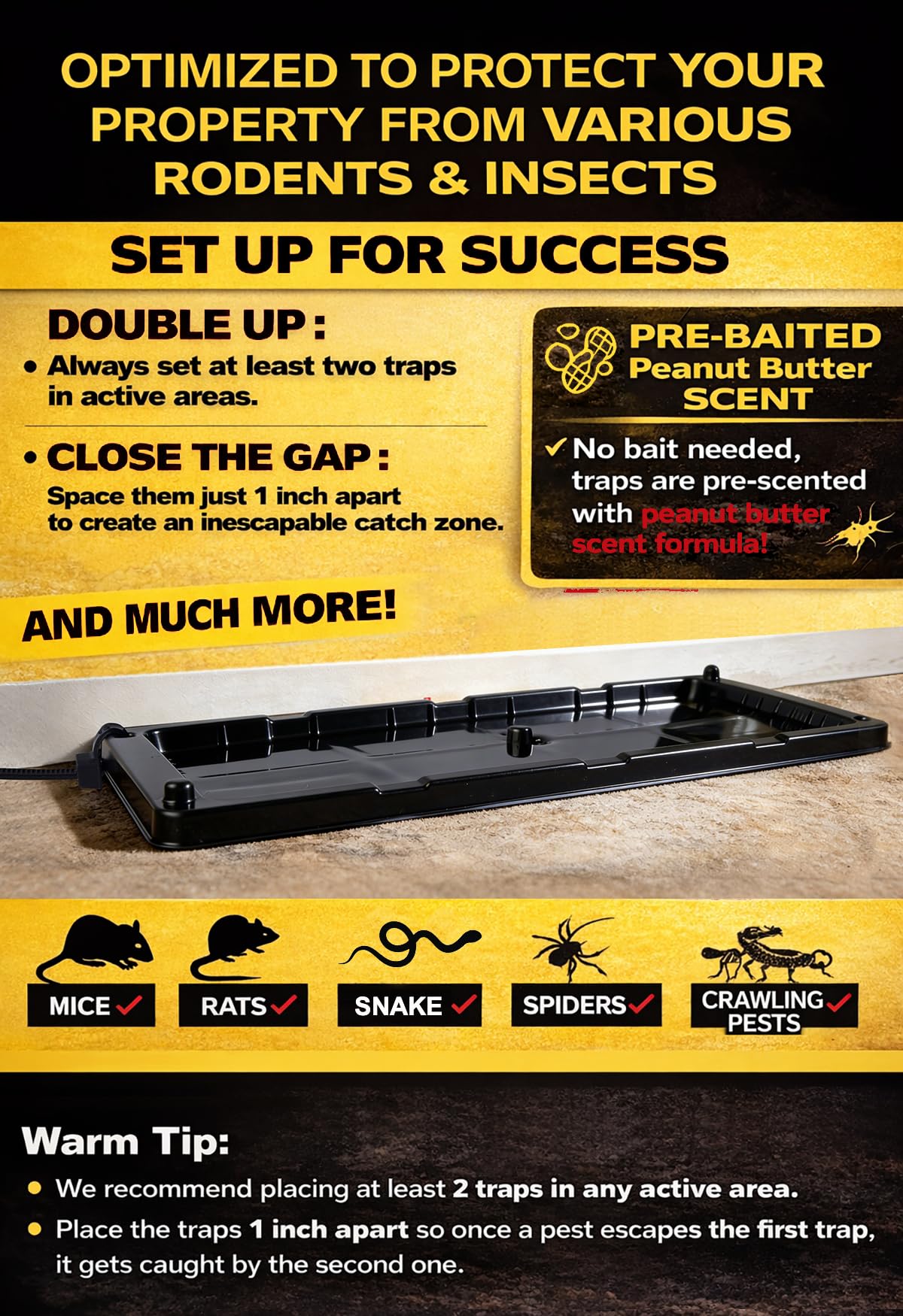 Large Rat Glue Traps for House Indoor 12 Pack – Touch-Free Zip Ties & Gloves Included Bulk Glue Traps for Mouse, Spiders, Snakes, Mice with Enhanced Adhesive, Pre-Baited Formula for Pest Control