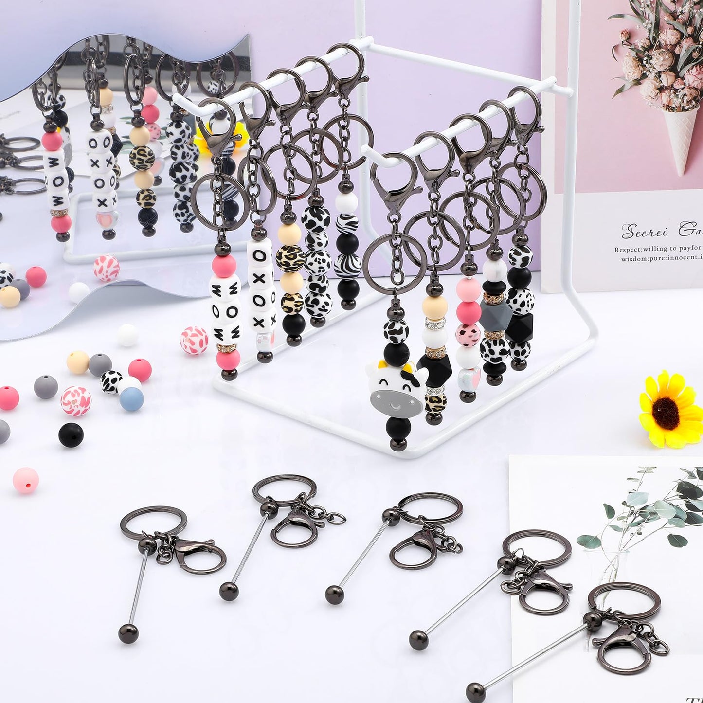 Tondiamo 24 Pcs Beadable Keychain Bars Bulk Beads for Keychain Making Kit Gifts for Women Men DIY Crafts(Gray)