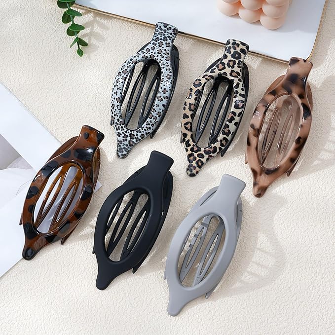 French Flat Hair Clips for Women - 6Pcs Flat Hair Claws for Thin Thick Hair Strong Hold No Slip Grip Hair Claw Clips for Women Girls (Leopard print (Neutral))