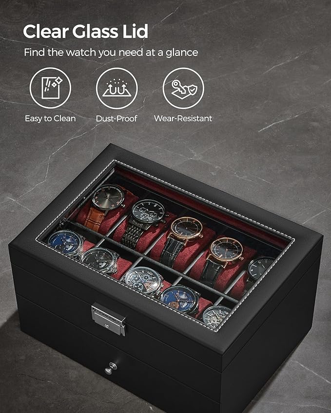 SONGMICS Watch Box, 20-Slot Watch Case Organizer with Large Glass Lid, Removable Pillows, Metal Lock, Gift for Loved Ones, Black Synthetic Leather, Wine Red Lining UJWB020R01