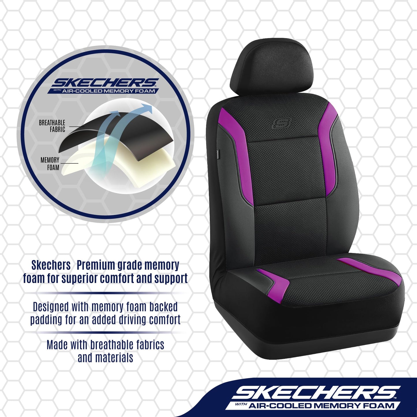 Skechers Memory Foam Car Seat Covers, Air Cool Mesh Thick Seat Covers,Car Seat Covers Front Seats,Airbag Compatible, Automotive Comfort Protection for Most Cars,Van,Trucks, SUVs,Purple