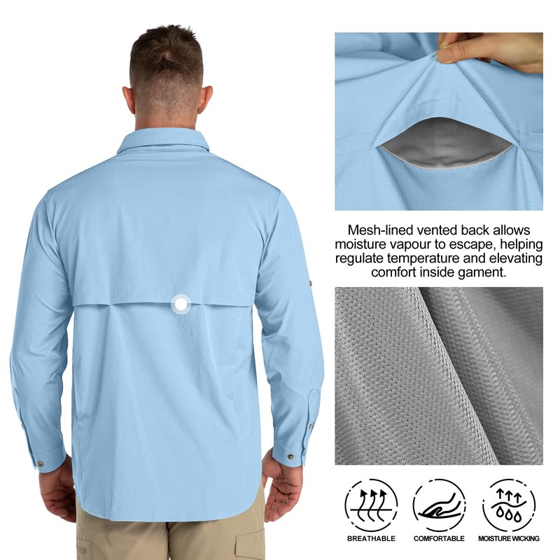 33,000ft Men's UPF 50+ UV Protection Long Sleeve Hiking Shirts Breathable Quick Dry Fishing Shirts for Safari, Outdoor Light Blue
