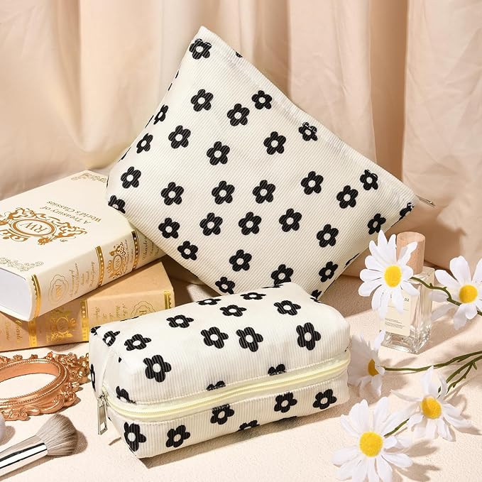 SOIDRAM 2 Pcs Makeup Bag Large Cosmetic Bag Toiletry Bag Makeup Pouch Travel Bag Organizer Cute Makeup Brushes Aesthetic Accessories Storage Bag for Women Black Floral Corduroy