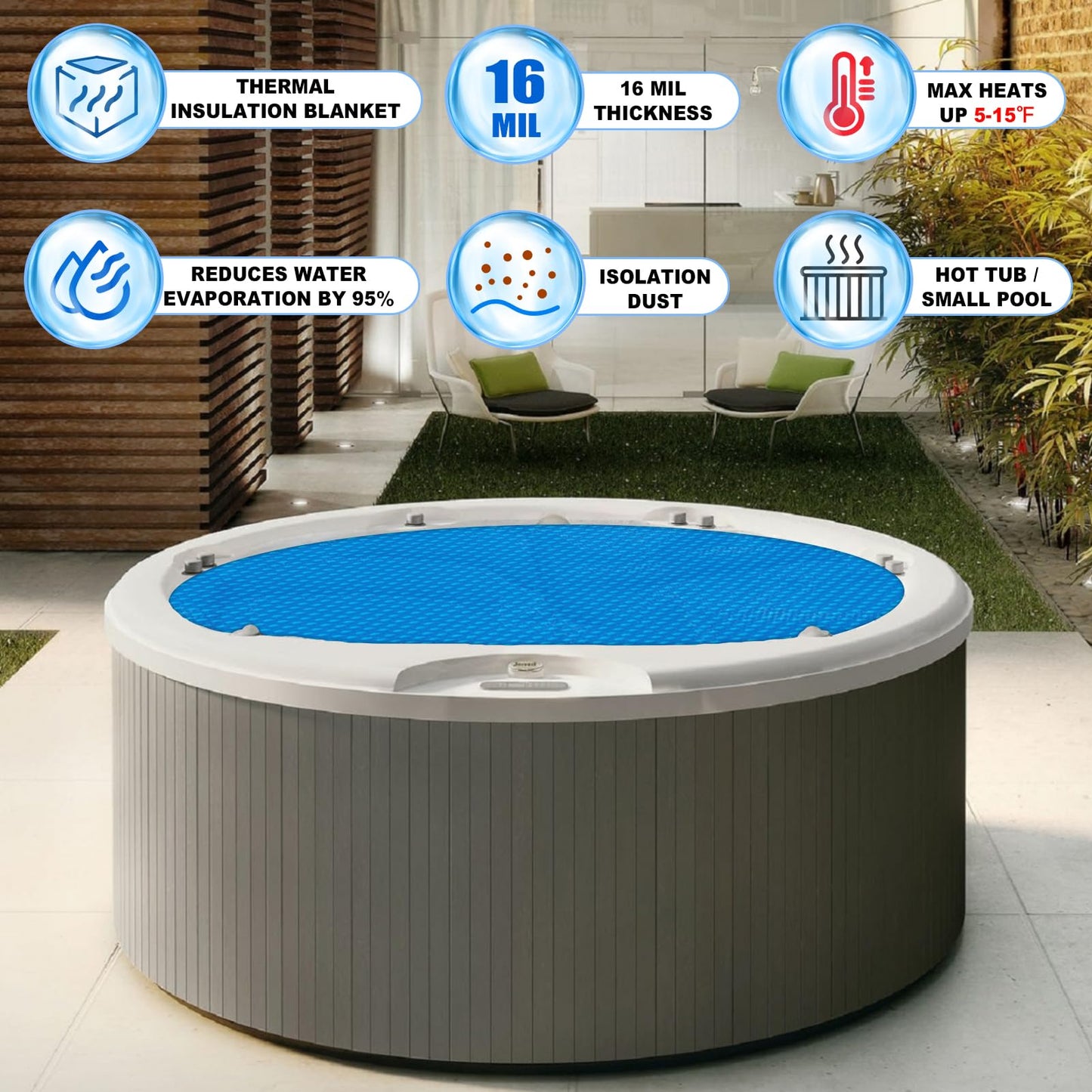 Kakolvan Solar Bubble Hot Tub Spa Cover for 7FT Round Circle Inflatable Swimming Pool Blanket Thermal Floating Insulation 16 Mil Bubble Solar Covers for Indoor Outdoor Spa Hot Tub Wrap Covers