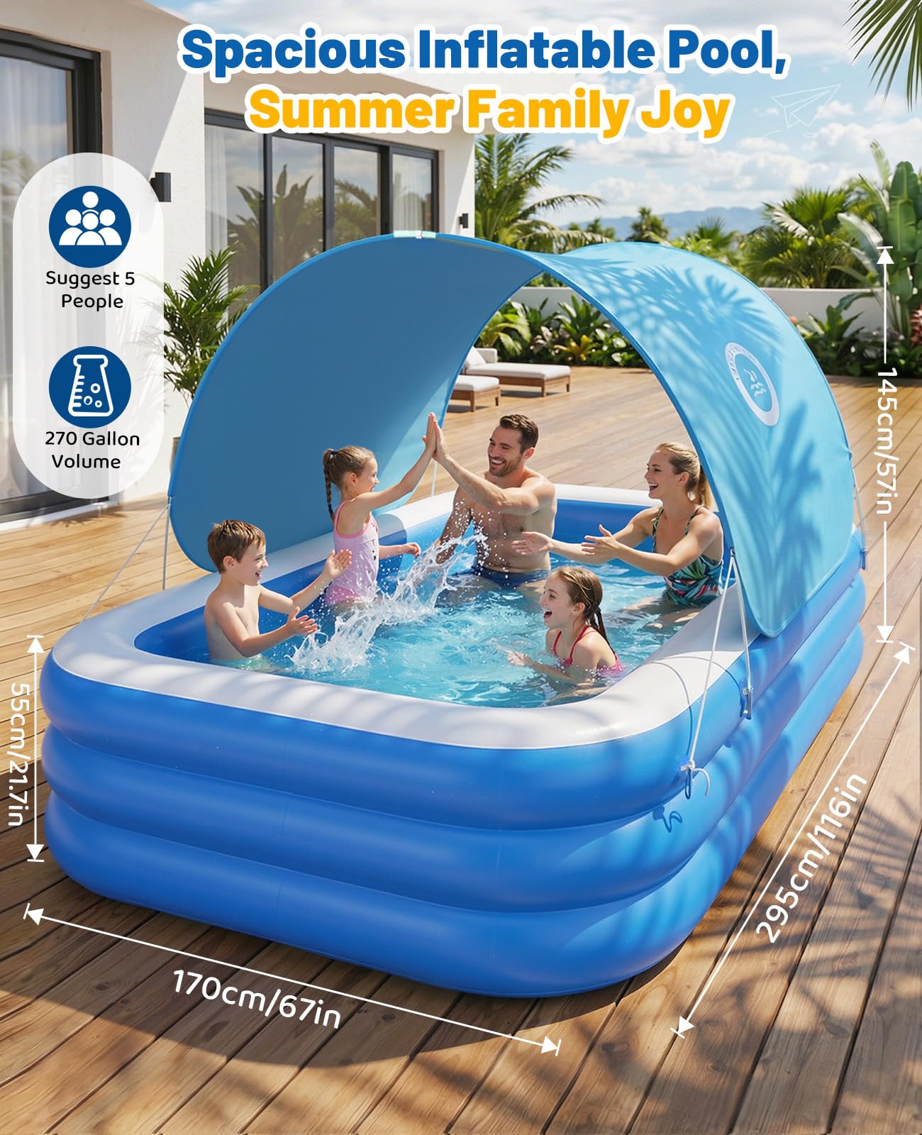 HeySplash Inflatable Pool with Canopy, Large Inflatable Swimming Pool for Adults & Kids, Blow Up Pool Thickened Family Pool for Outdoor Backyard Garden Party Summer Fun, 118" x 69" x 24"(Blue)