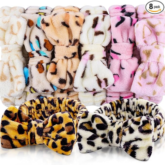 YOOVR 8pcs Spa Headband, Mothers Day Gifts Bulk, Stocking Stuffers for Teen Girls Women, Skincare Makeup Face Wash Headband, Hair Accessories, Party Favors for Adult, Easter Baskets Stuffers (Leopard)