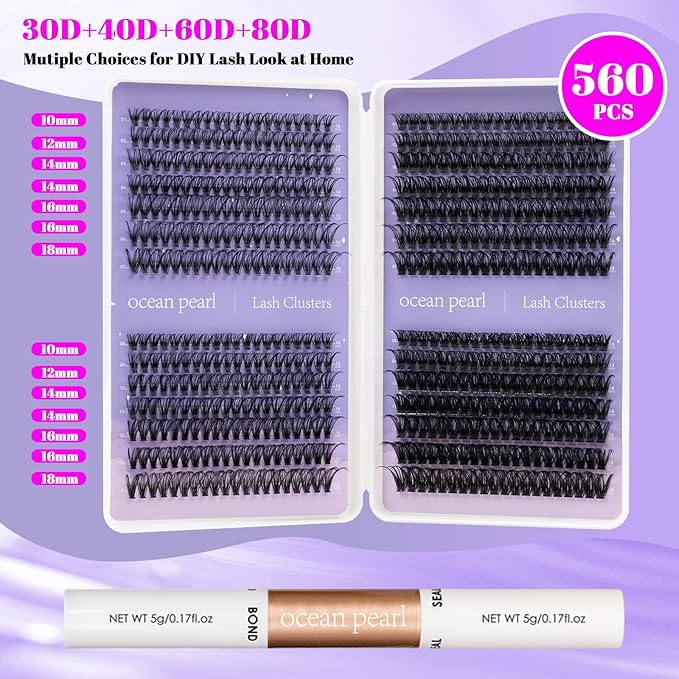 Lash Clusters Kit 560 Pcs 30D/40D/60D/80D Lashes Clusters Thick Volume Eyelash Extensions 10-18mm Individual Lahses Thin Band Cluster Lashes with Bond and Seal False Eyelashes Extensions Kit-30-80D