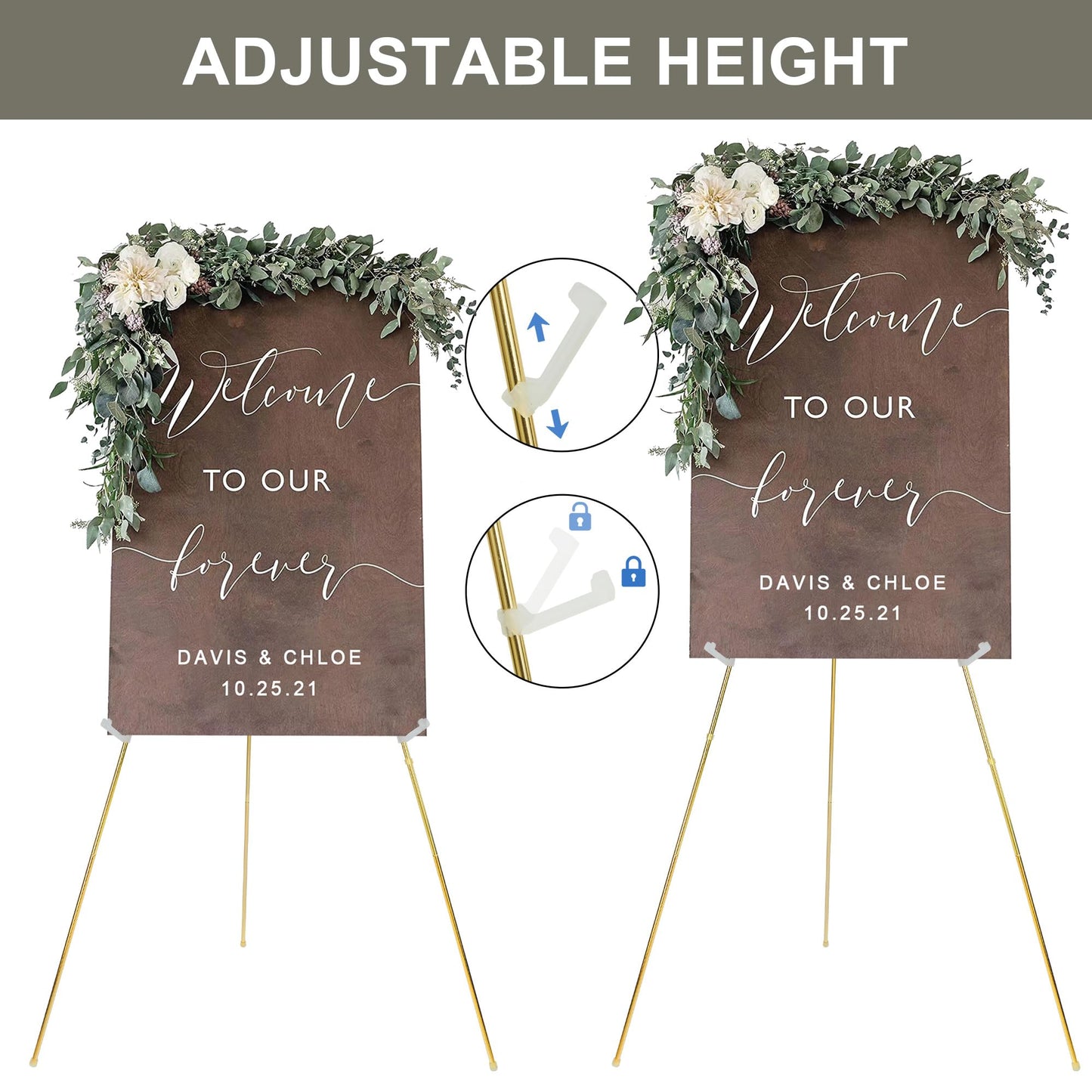 DANMO Easel Stand for Wedding Sign Poster 63'' Instant Display Floor Adjustable Metal Art Easel Gold