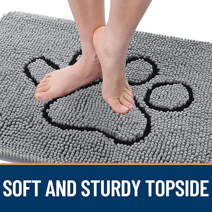 OLANLY Dog Door Mat for Muddy Paws 59x24, Paw Print Design, Absorbs Moisture and Dirt, Absorbent Non-Slip Washable Doormat, Quick Dry Chenille Mud Mat for Dogs, Entry Indoor Entryway Carpet, Grey