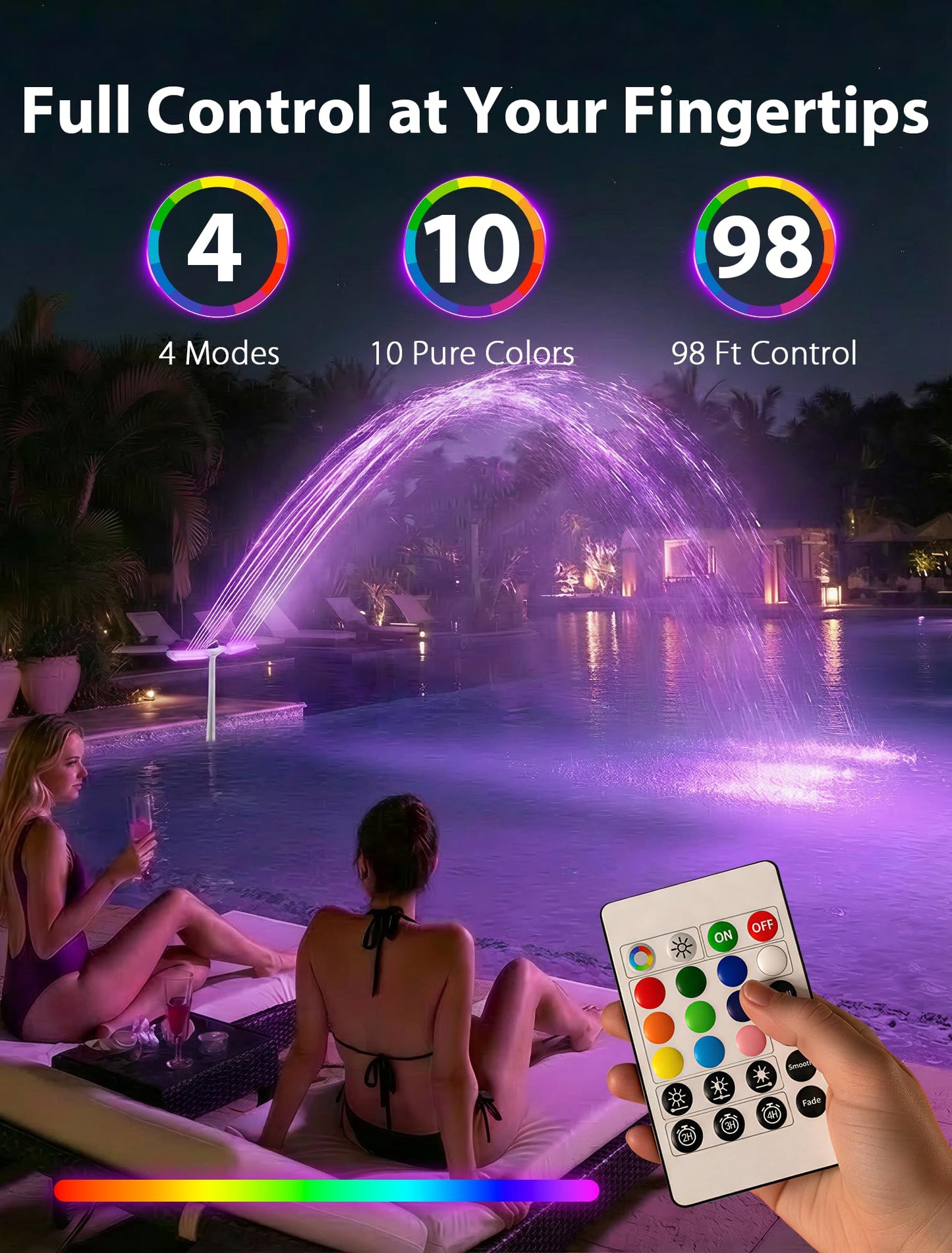 POOLHOUR 2026 Upgrade Height Solar Pool Fountain with 10-Color 4-Mode LED Lights, Auto Light-Sensing Pool Sprinkler Fountain for Above/Inground Pools, 360° Adjustable Spray for 8-16°F Cooling (Gray)