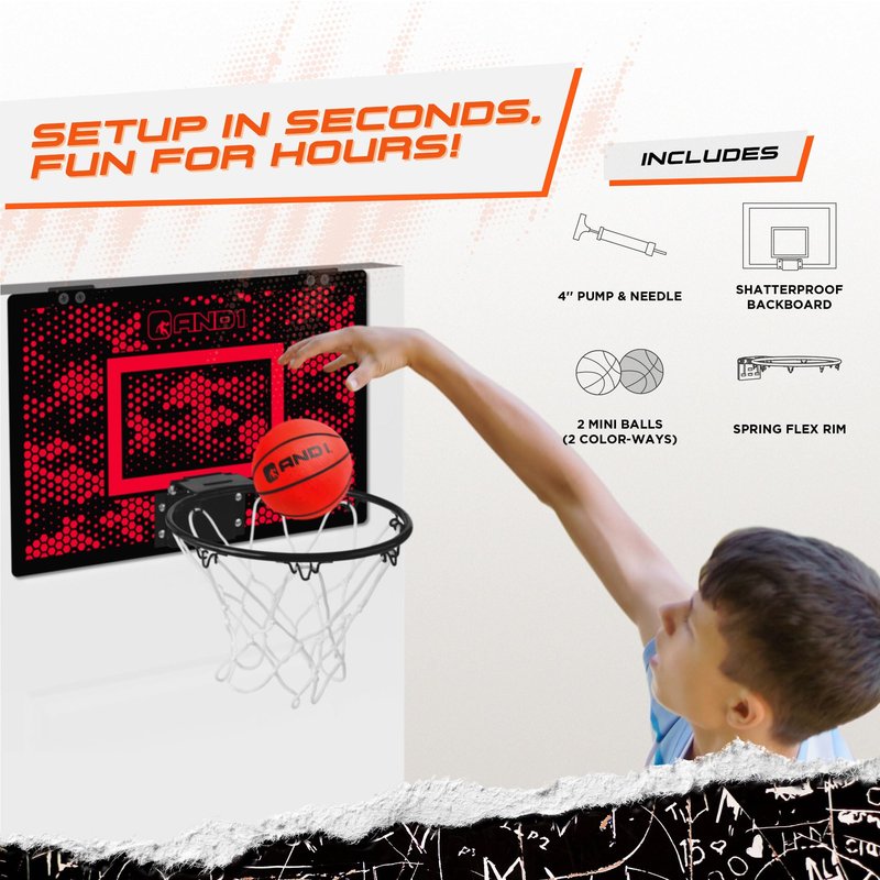 AND1 Mini Basketball Hoop: 18”x12” Pre-Assembled Portable Over The Door with Flex Rim, Includes Two Deflated 5” Mini Basketball with Pump, for Indoor, Red/Black
