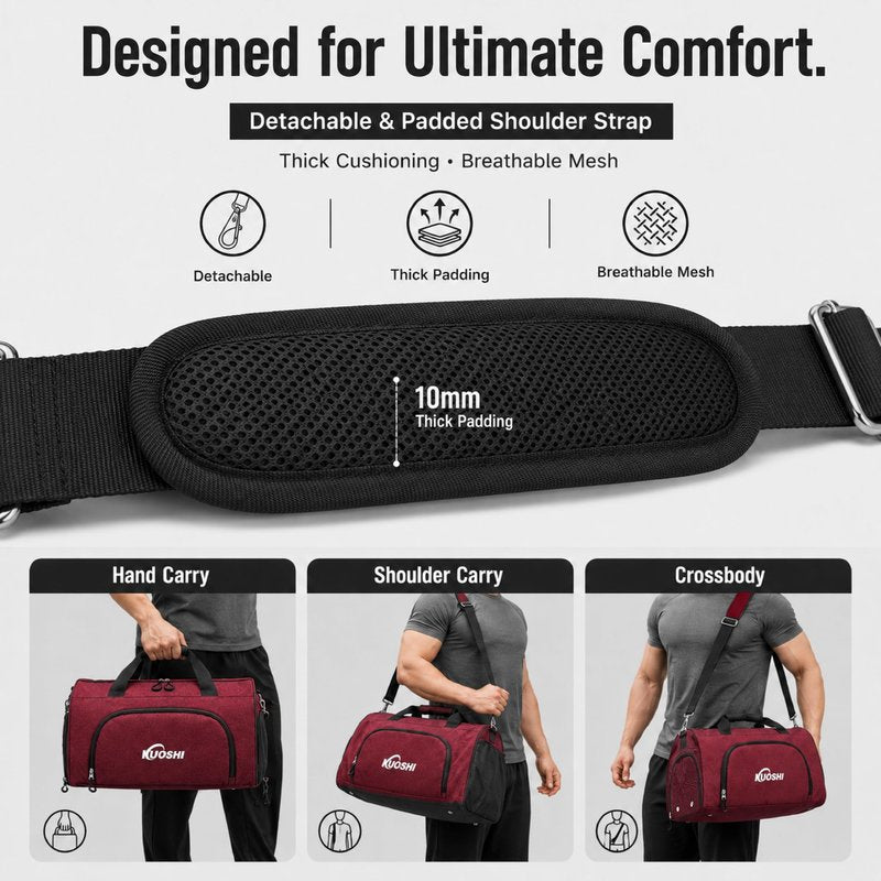 KUOSHI Men's Gym Bag with Shoe Compartment - Sport Duffle Bag for Men & Women, Water Resistant Travel Bag with Wet Pocket, Small Weekender Overnight Bag, Workout Bag with Luggage Sleeve-56L Red