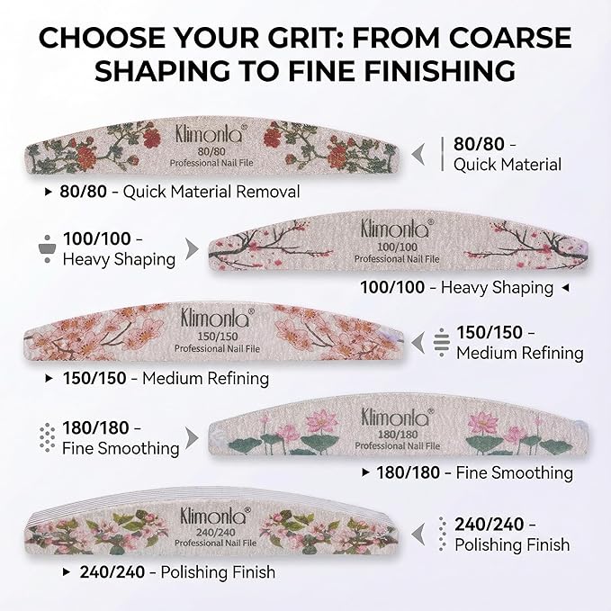 25PCS Floral Professional Nail Files 80/100/150/180/240 Grit, Emery Boards Nail Files for Natural Nails and Acrylic Nails, Double Sided Emory Boards limas para unas acrilicas Reusable Manicure Tools