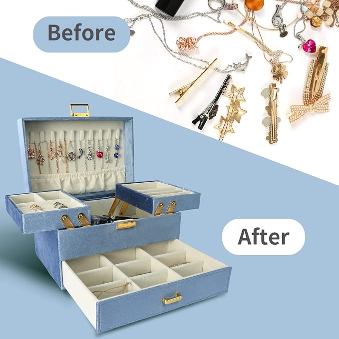 Dajasan Jewelry Organizer Box, Large Jewelry Boxes for Women Girls, Space-Saving 3 Layers Jewelry Storage Case with Drawer, Gift Idea for Christmas, Valentine's Day, Birthday, Mother's Day (Blue)
