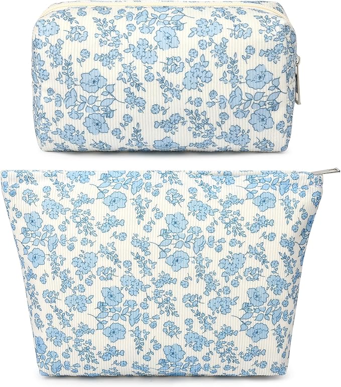 SOIDRAM 2 Pcs Makeup Bag Large Cosmetic Bag Toiletry Bag Makeup Pouch Travel Bag Organizer Cute Makeup Brushes Aesthetic Accessories Storage Bag for Women Blue Floral