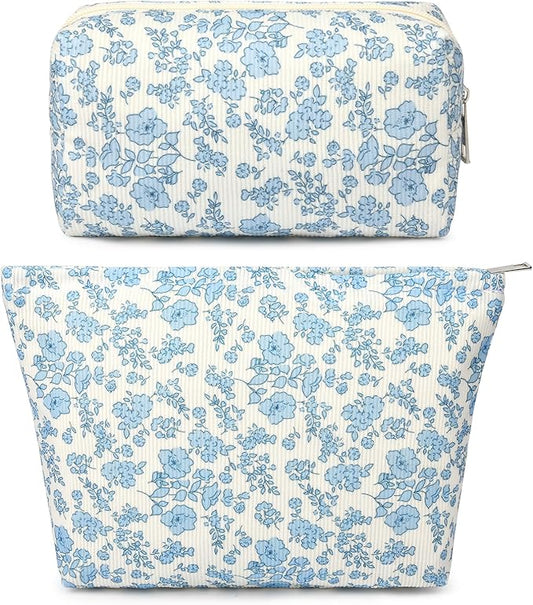 SOIDRAM 2 Pcs Makeup Bag Large Cosmetic Bag Toiletry Bag Makeup Pouch Travel Bag Organizer Cute Makeup Brushes Aesthetic Accessories Storage Bag for Women Blue Floral
