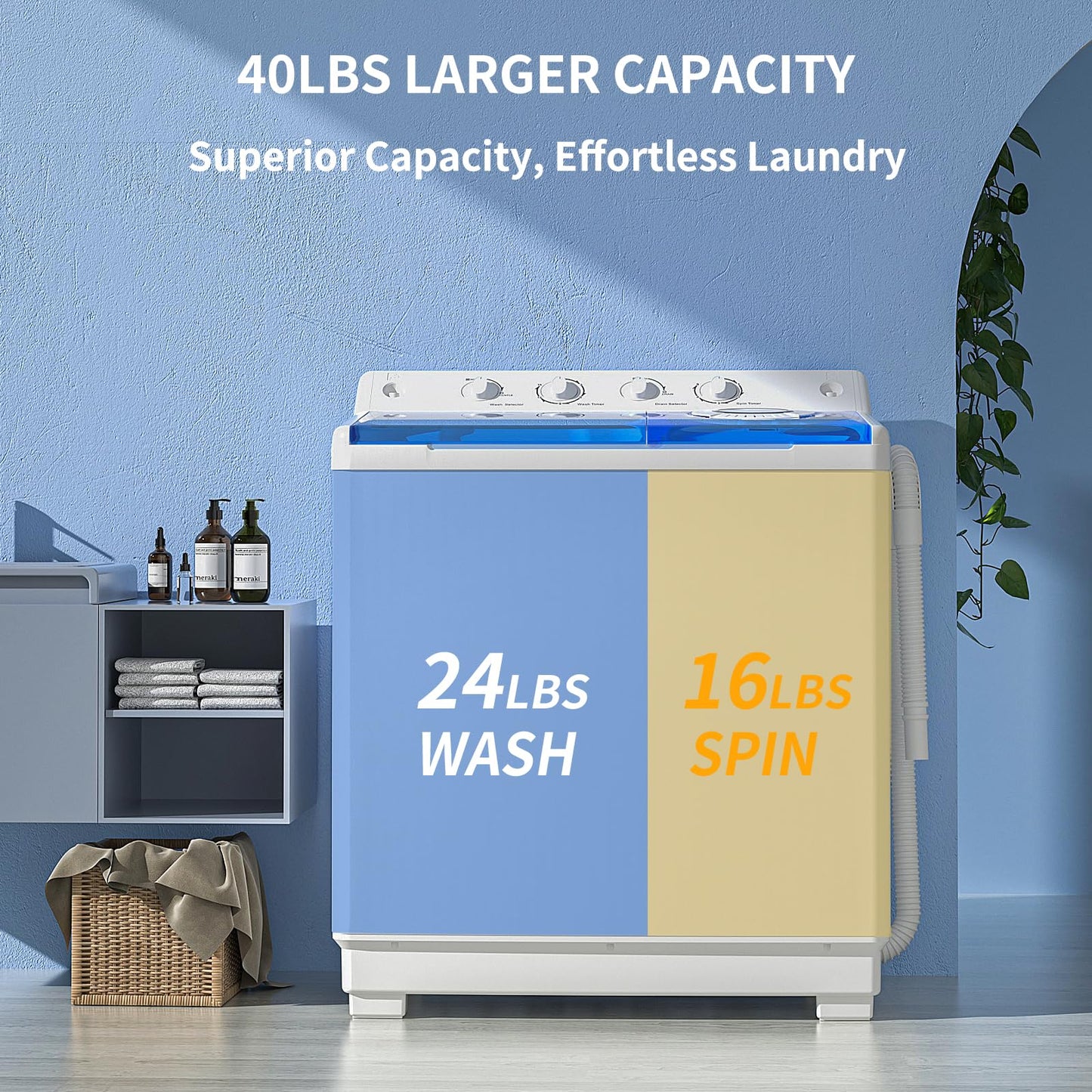 Zynkez Portable Washing Machine, 40Lbs Compact Washing machine, Twin Tub Laundry Washer Machine with Built-in Drain Pump, Semi-Automatic 24Lbs Washer and 16Lbs Spinner Combo for Apartments, Dorms, RVs
