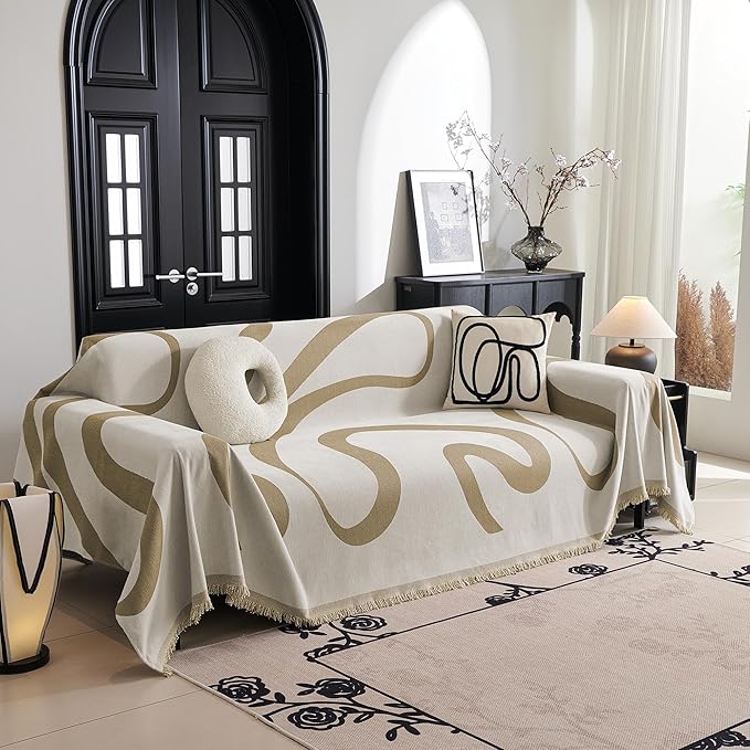 MYSKY HOME Couch Cover for 3 Cushion Sofa, Super Soft Boho Couch Covers for Dogs Washable, Jacquard Slipcover Furniture Protector for Living Room, 91" x 134", Khaki Curve