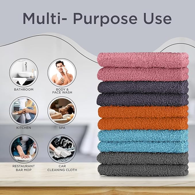 DecorRack 10 Pack 100% Cotton Wash Cloth, Luxurious Soft, 12 x 12 inch Ultra Absorbent, Machine Washable Washcloths, Assorted Set 4 (10 Pack)