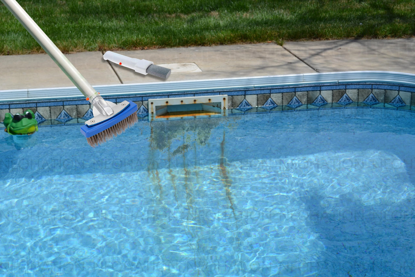 Pool Pumice Stone and 5 inch Stainless Steel Pool Brush Set with EZ-Clip Handle to Reomve Erase Rust Stain Spot in Concrete Plaster Pool Spa and Calcium Deposit on Pool Tile