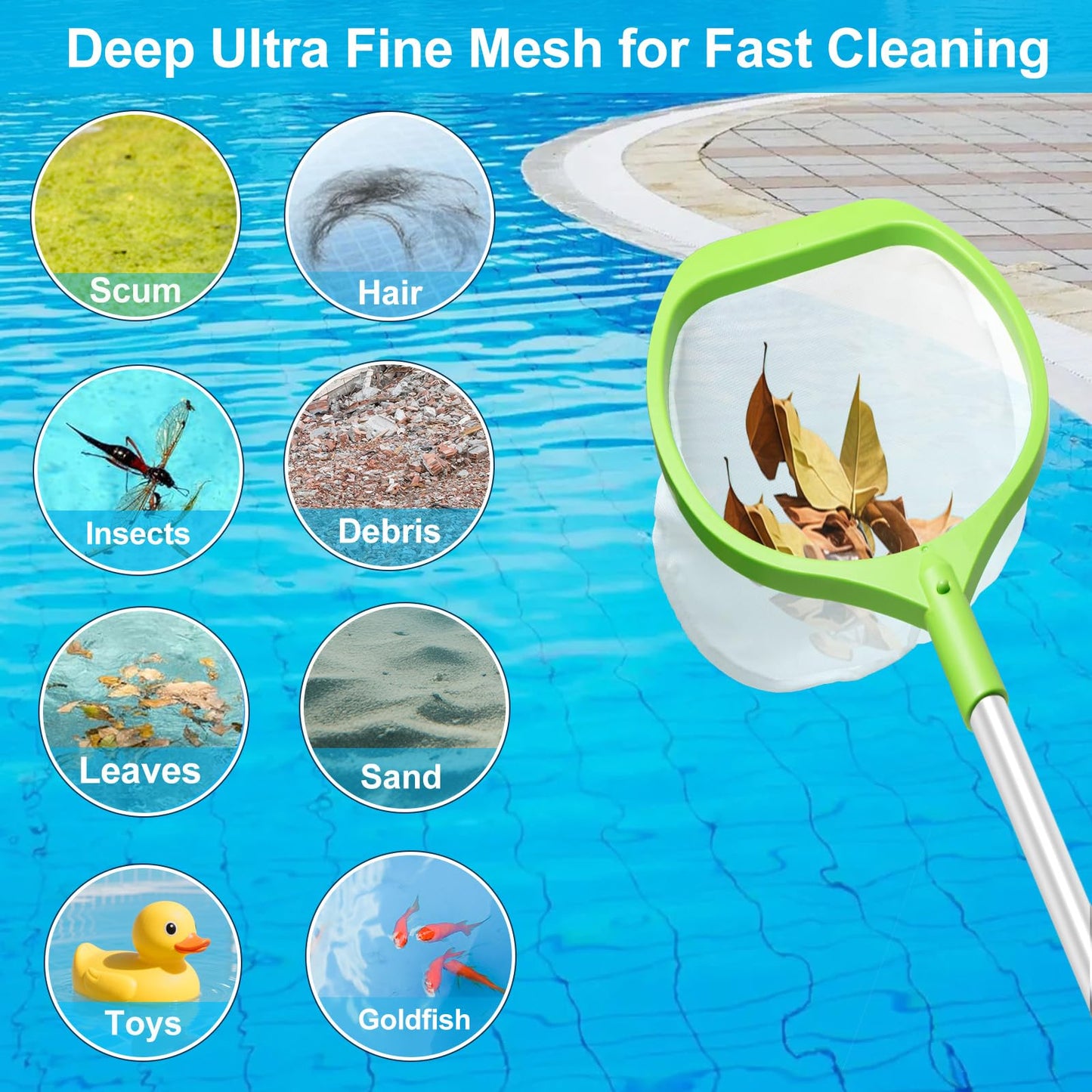 ROMIVO Pool Skimmer Net with 6-Section Reinforced Aluminum Pole, Deep Ultra Fine Mesh Leaf Skimmer Rake for Fast Debris Removal, 56.3" Adjustable Length for Cleaning Swimming Pools, Spas, Tubs & Ponds