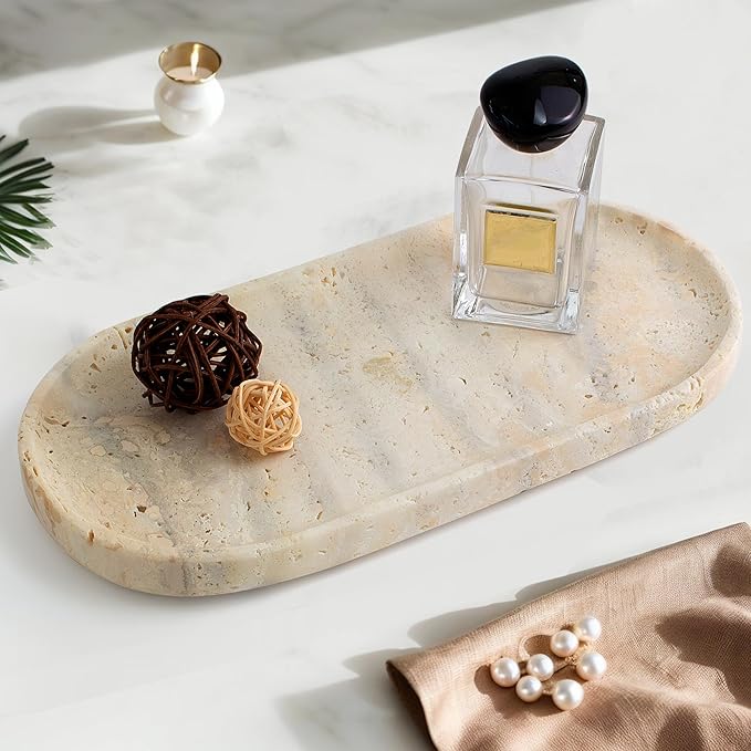 YMXYJM Genuine Real Natural Marble Tray for Bathroom, Luxury Ultra White Travertine Stone Vanity Tray, Decorative Oval Trays for Countertop Storage, Vanity, Dresser, Kitchen, Home Decor, 11.9"*5.8"