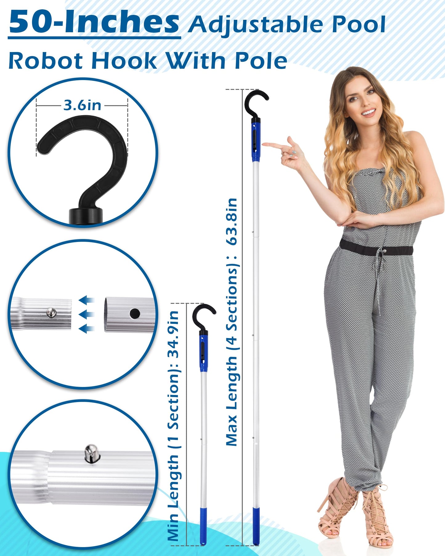 Pool Robot Retrieval Hook - 63.8 Inch Adjustable Stainless Aluminum Pole, Heavy-Duty Detachable Hook for Pool Robot Vacuum Robotic Pool Cleaner Including Cordless/Above Ground/Underwater Cleaners